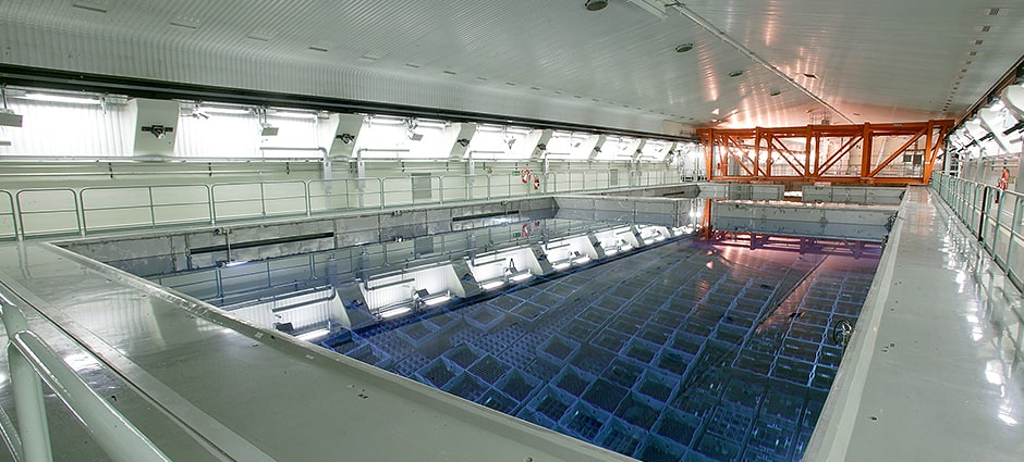 Water-filled storage pools at the Central Interim Storage Facility for Spent Nuclear Fuel (CLAB) facility in Sweden