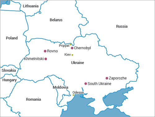 Location of Chernobyl and other nuclear power plants in Ukraine