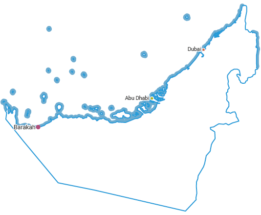 Location of first nuclear power plant, Barakah, in the United Arab Emirates