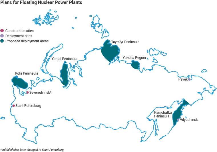 Planned and proposed locations for future Floating Nuclear Power Plants