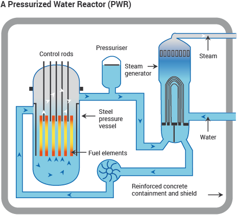 A Pressurized Water Reactor (PWR) schematic showing main components